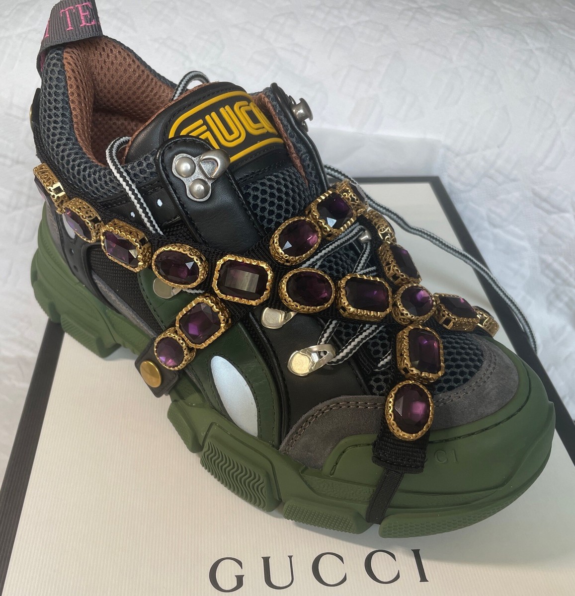 Gucci Green Journey Flashtrek Purple Jewelry Crystal Lace Up Hiker