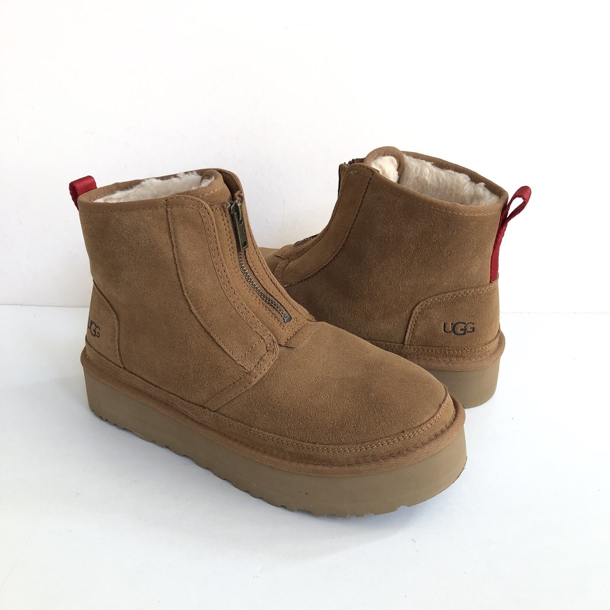 UGG WOMEN NEUMEL PLATFORM ZIP CHESTNUT SHEARLING ANKLE SHOE US 11