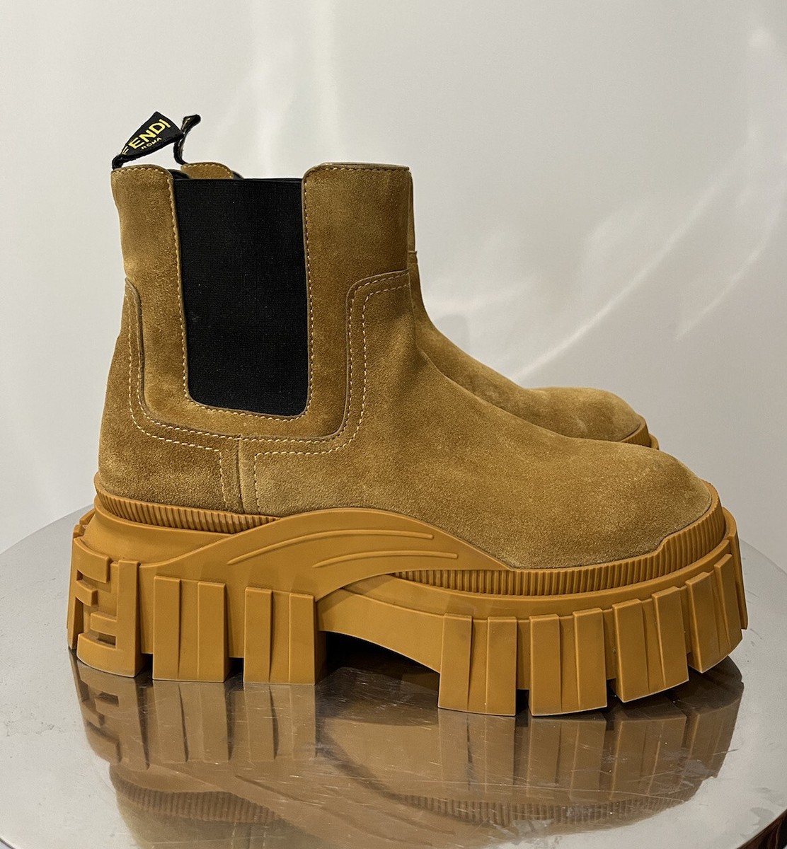 Fendi Chunky Chelsea Boots Zucca Men's Size 8 Brown Tab Suede