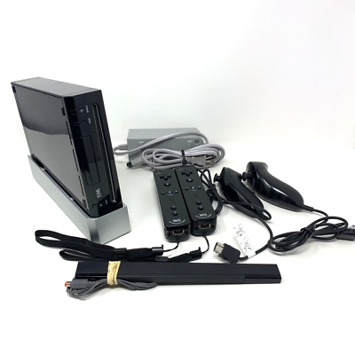 NINTENDO WII RVL-101 BLACK CONSOLE BUNDLE GENUINE CONTROLLERS