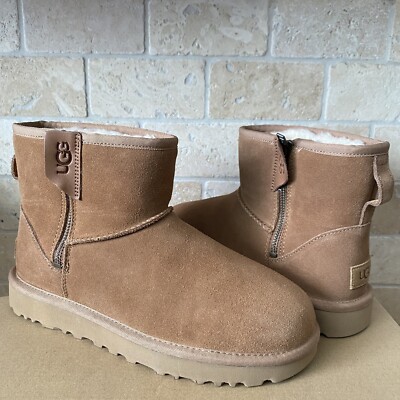 UGG CLASSIC MINI BAILEY ZIP CHESTNUT WATER-RESISTANT SUEDE BOOTS