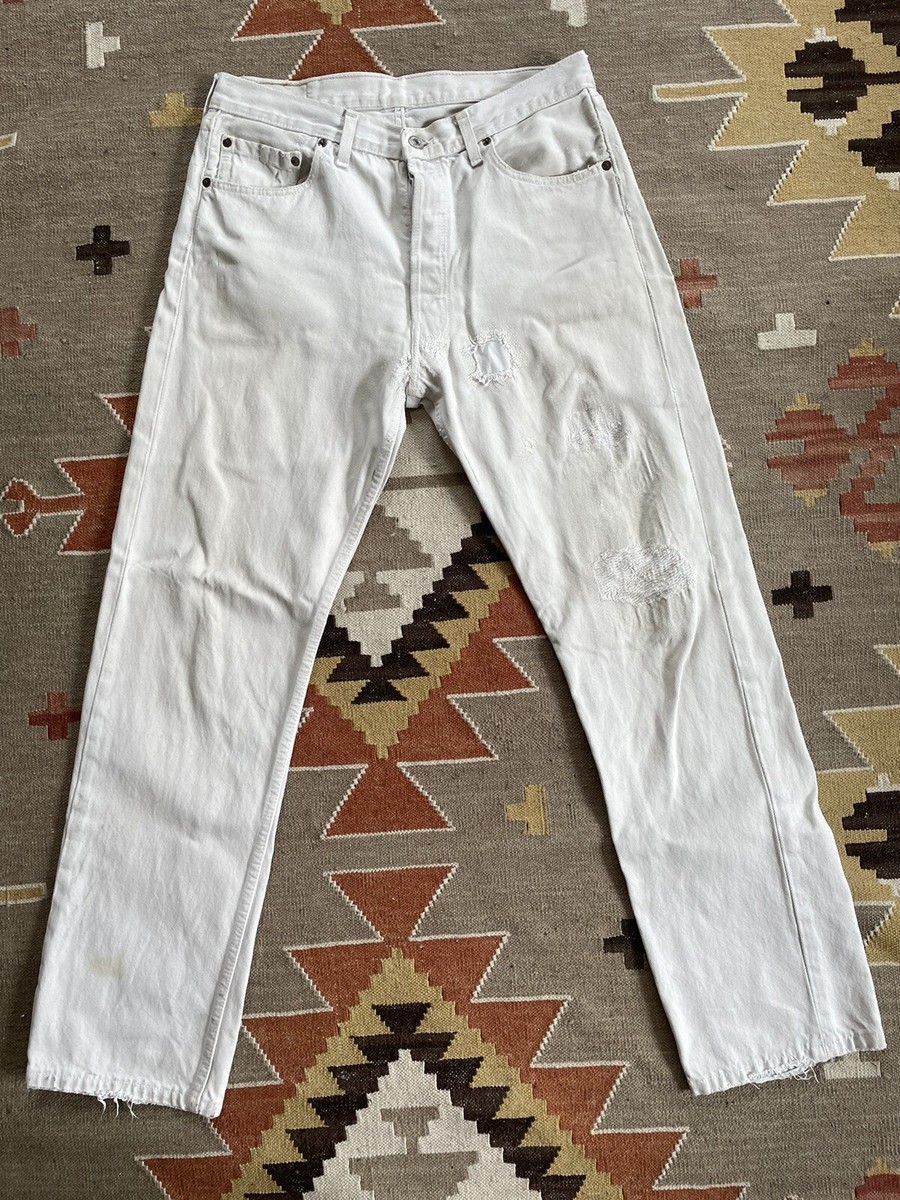 Vintage Levi's 501 Custom Distressed White Denim Jeans 33-34 80s