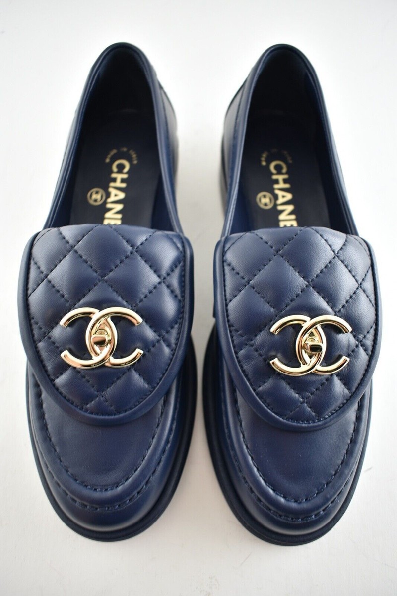 Chanel 21B Blue Quilted Flap Turnlock CC Logo Gold Mule Slip On
