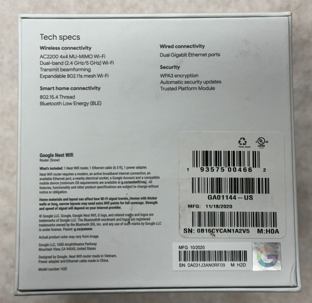 Google Nest Wifi - Model: H2D SN:0A031J3AN0RF09 193575004662| eBay