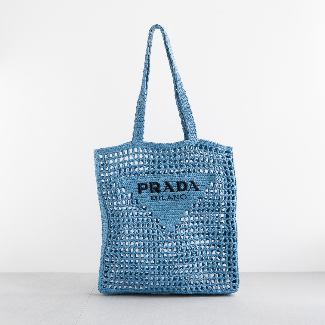 PRADA Raffia Blue Crochet Tote Bag Black Triangle Logo Shoulder