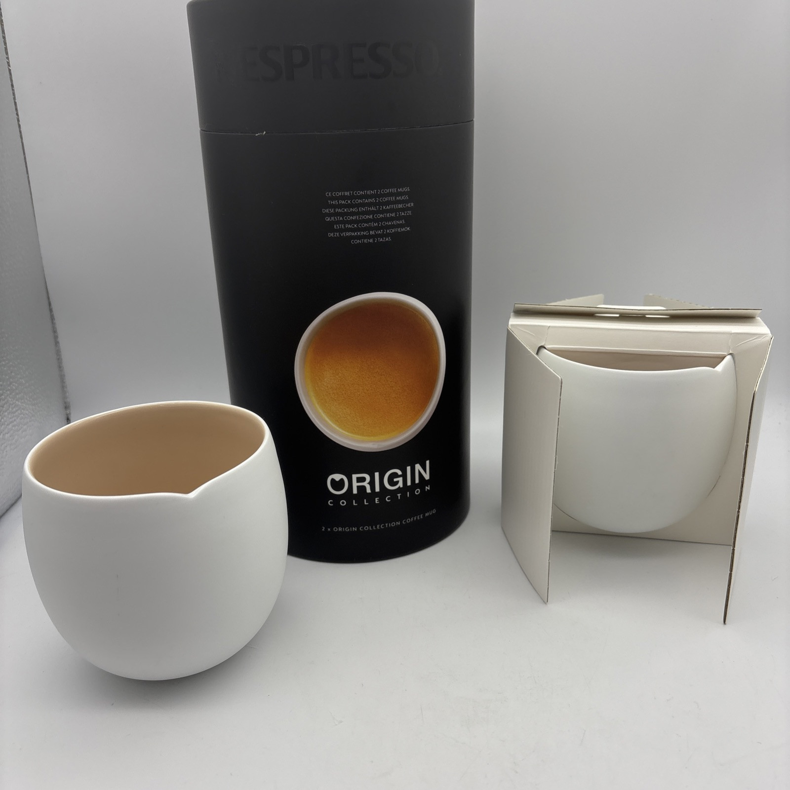 Nespresso Origin Collection 2 Espresso Coffee Cups Set White Tan