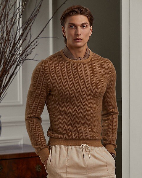 Ralph Lauren Purple Label Mens Brown Herringbone 100% Cashmere