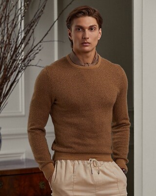 Ralph Lauren Purple Label Mens Brown Herringbone 100% Cashmere