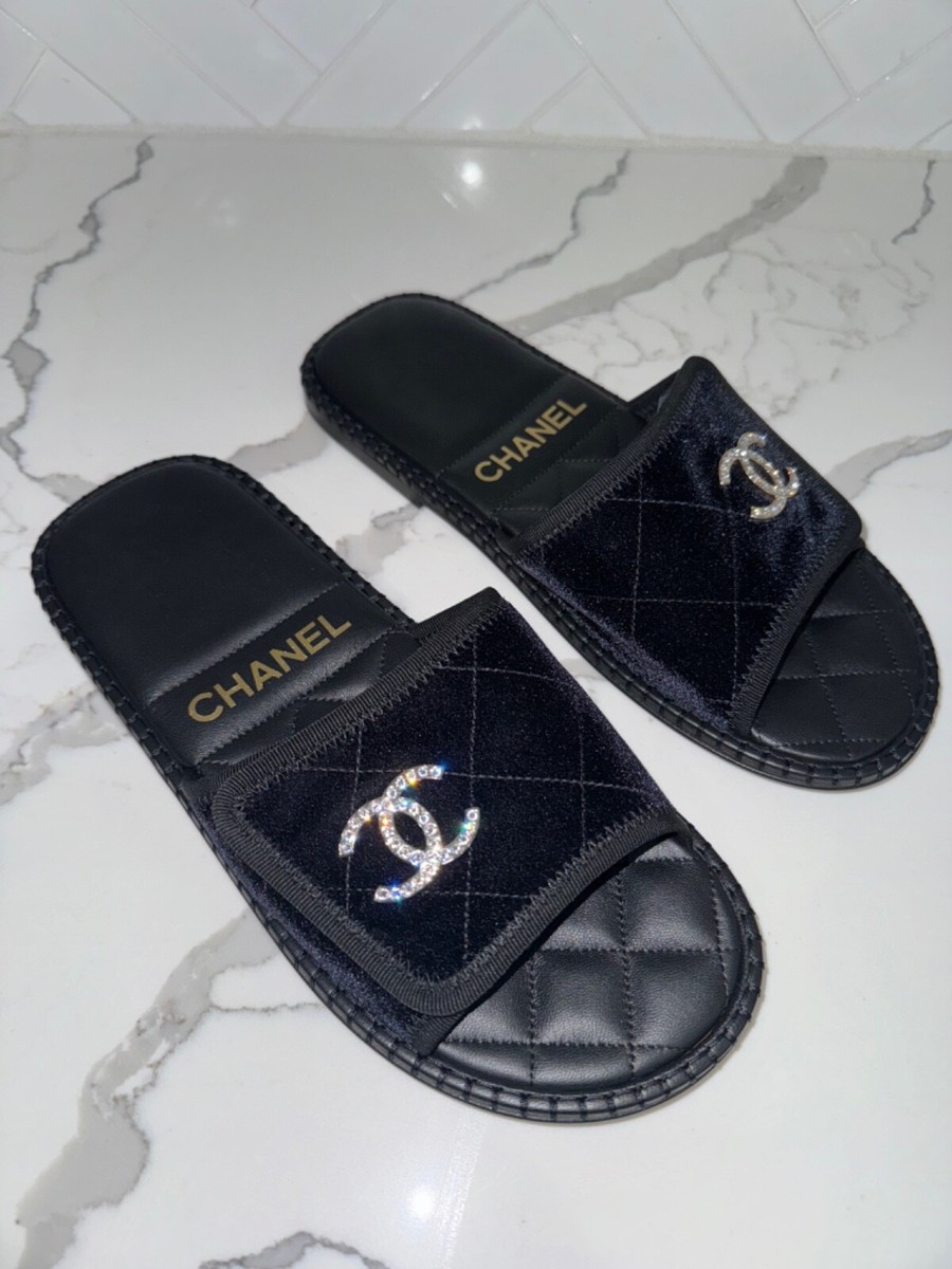 Chanel 23M Black Velvet Crystal CC Logo Hotel Mule Slide Slip On