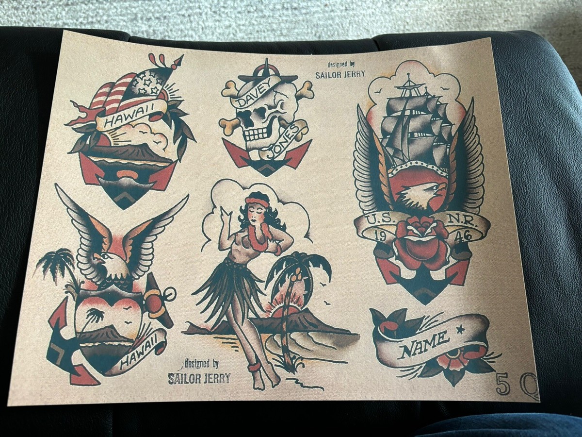5Q Designed By Sailor Jerry Tattoo flash art sheet (lot #209
