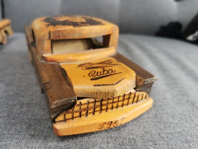 2 X Vintage Cuban Handcrafted Wooden Chevrolet Car with Etched Ch