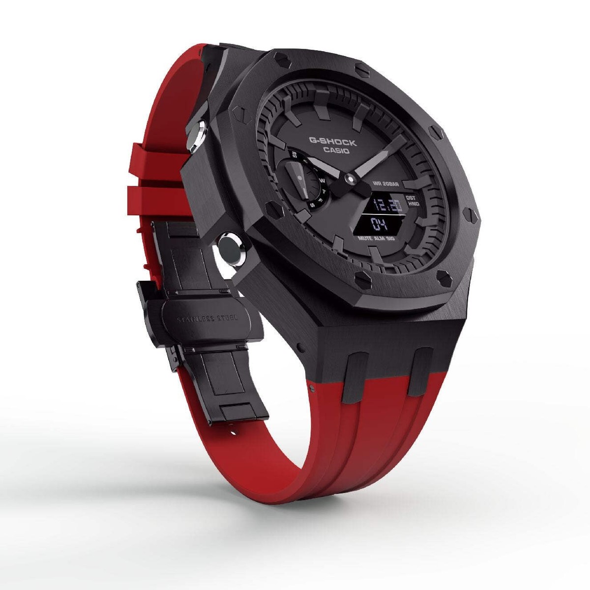 Casioak Custom Modded Metal Watch GA-2100 Mod Black Case Red Strap