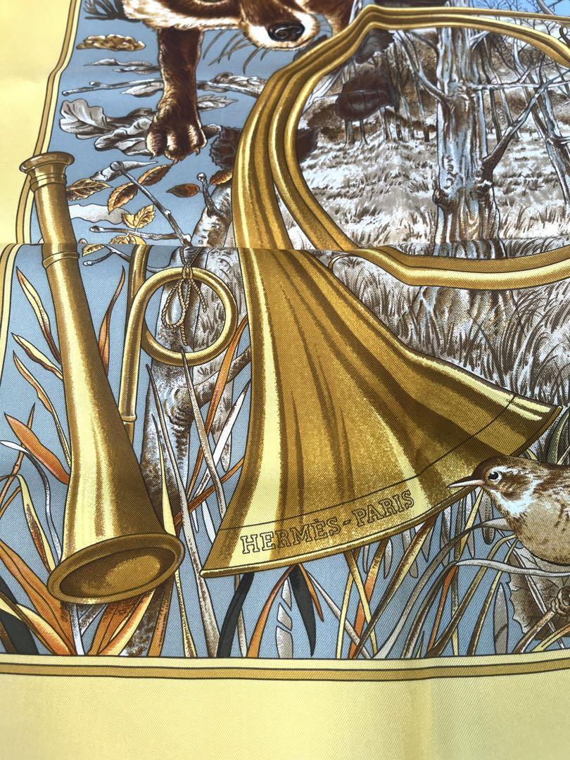 Hermes Scarf CHASSE au BOIS 90 cm Silk yellow Carre fox rabbit 35