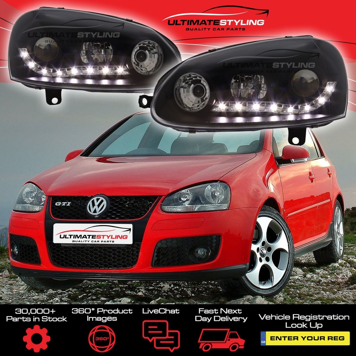 VW Golf Mk5 Upgrade Headlights 2003-2010 Black Projector LED DRL