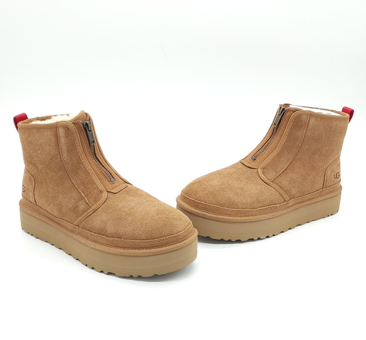 UGG Women Neumel Zip Platform Ankle Booties Chestnut Suede Plush