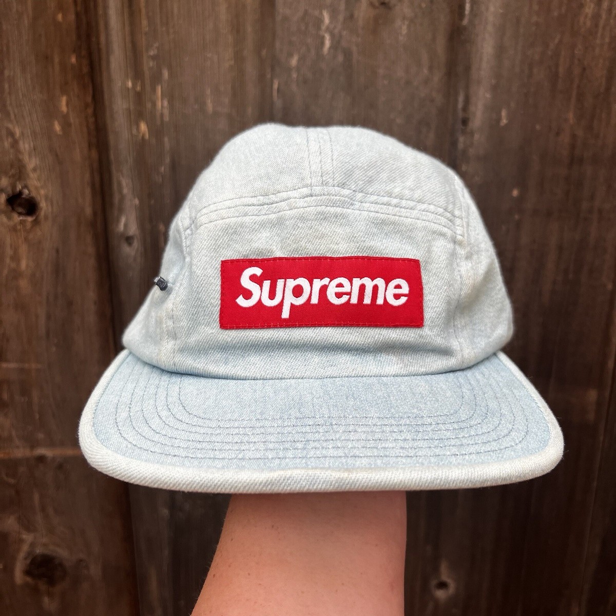 Supreme FW'17 Denim 5 Panel Box Logo Camp Cap Side Zipper Pocket