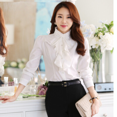Women's Bow Tie Front Frilly Ruffle Solid Chiffon Blouse Long