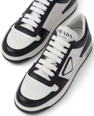 PRADA Women's 'Downtown' Logo Leather Sneakers Black & White 36