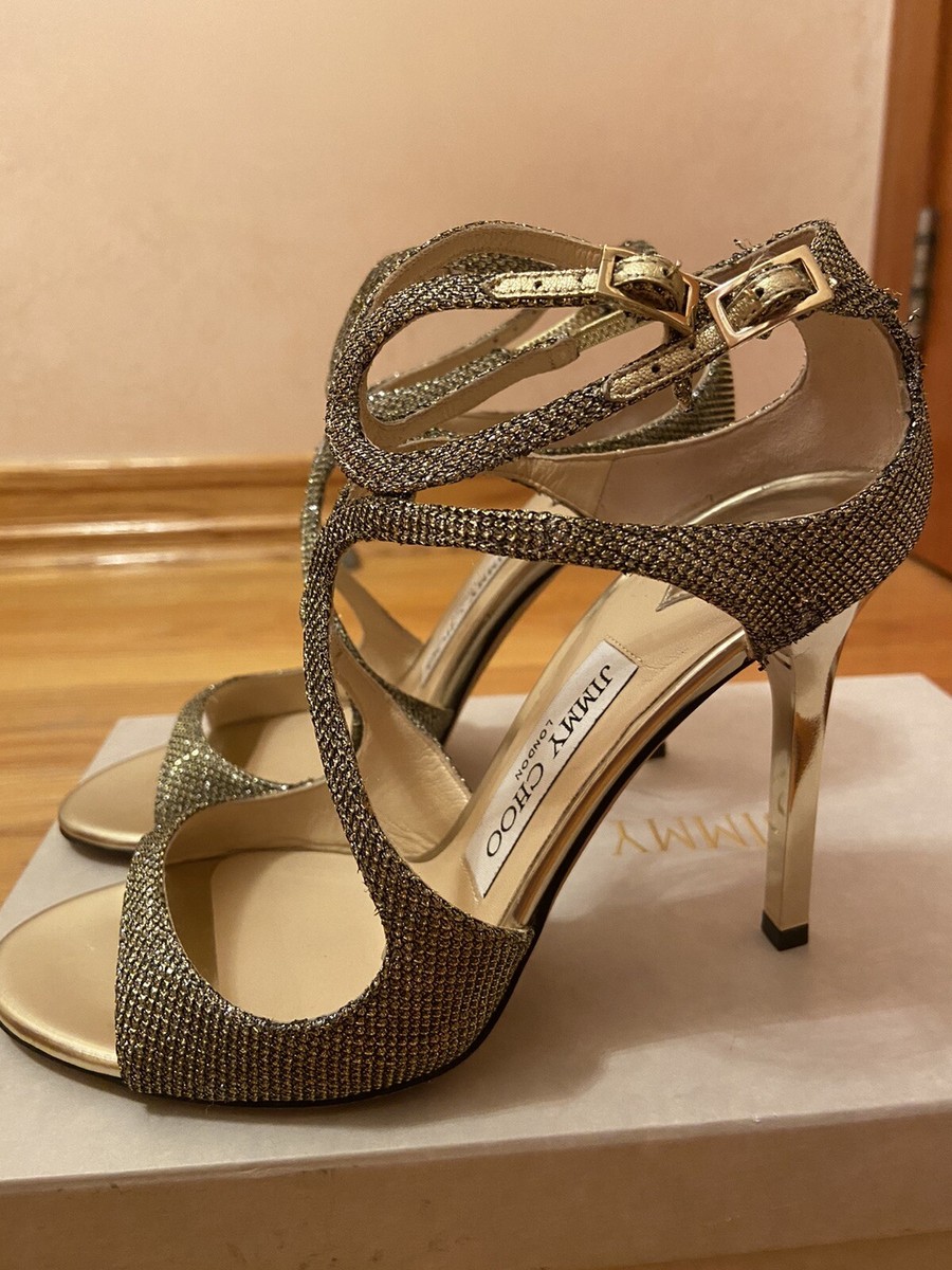 JIMMY CHOO Lance Lame Glut Light Bronze Strappy Sandal Stiletto