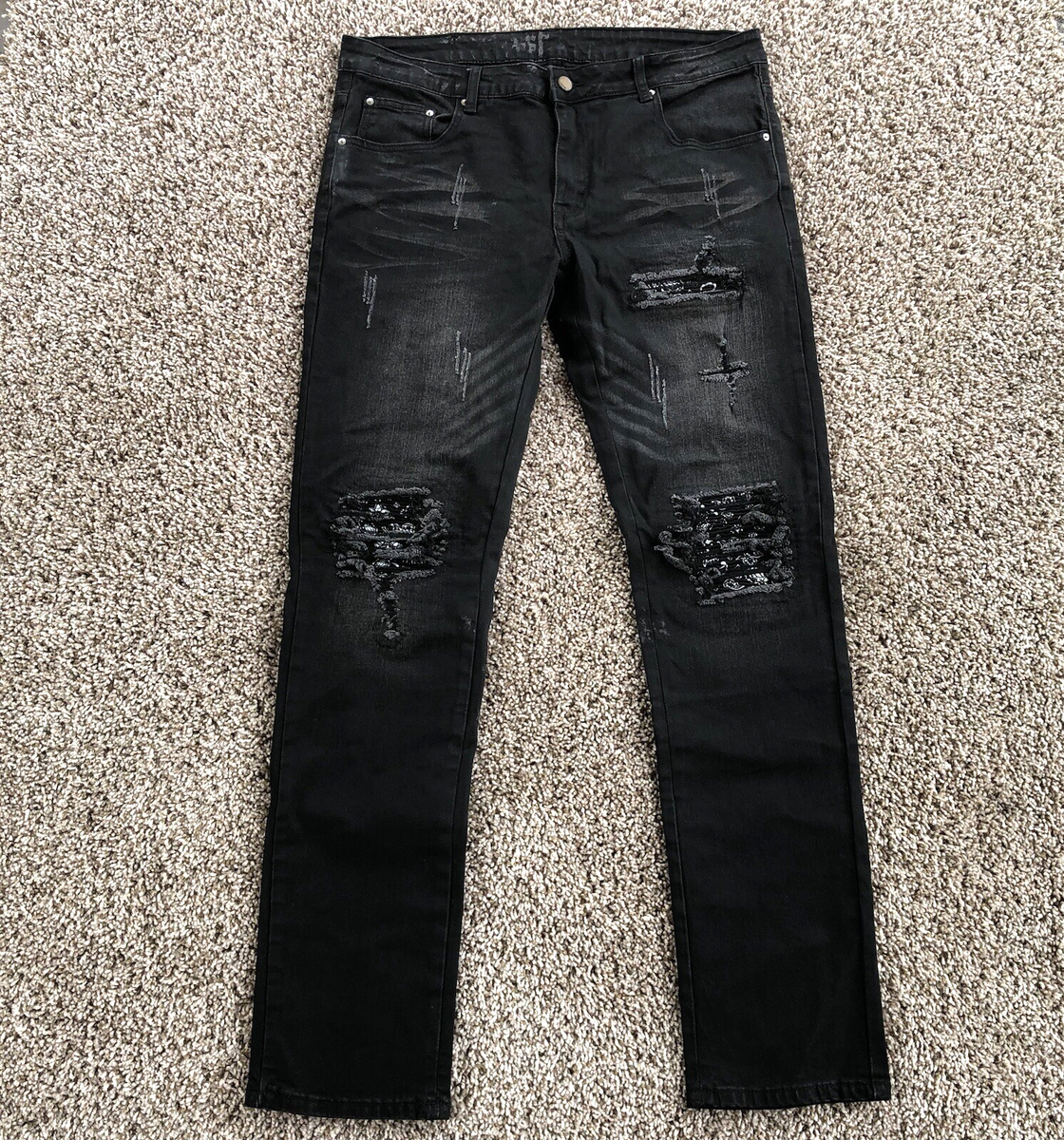 Amiri MX1 Ripped Paisley Bandana Patch Denim Jean Size 36 Black
