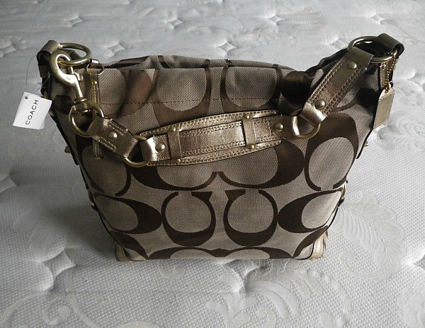 NWT COACH KHAKI ICONIC SIGNATURE C METALLIC BRONZE LG CARLY HOBO