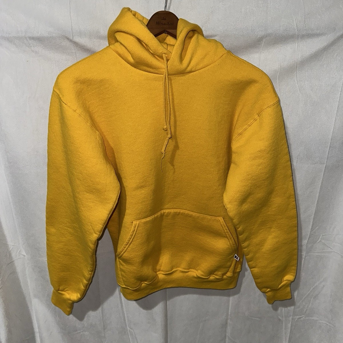 Vintage 90s Russell Athletic Yellow Hoodie Sweatshirt Blank Size M