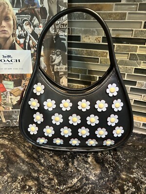 COACH COACHTOPIA ERGO BAG w/MINI FLOWER APPLIQUE BLACK/ICE BLUE