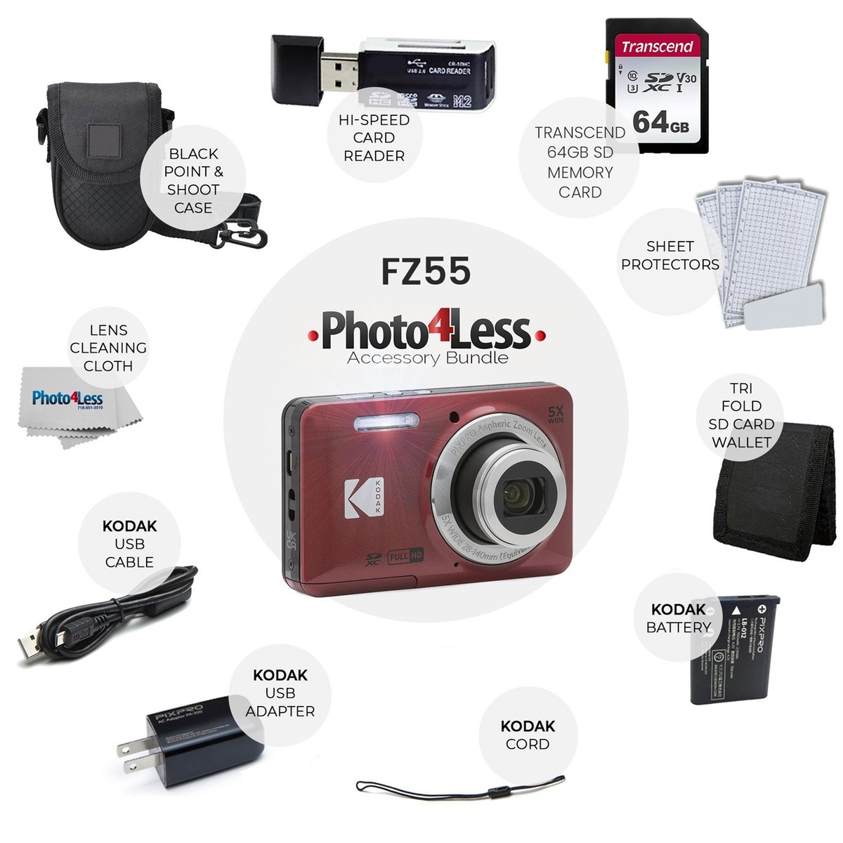 Kodak PIXPRO FZ55 Digital Camera (Red) + Black Point & Shoot
