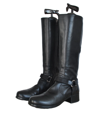 Vintage Womens PRADA Tall Boots Logo Biker Moto Zip Buckle Shoes
