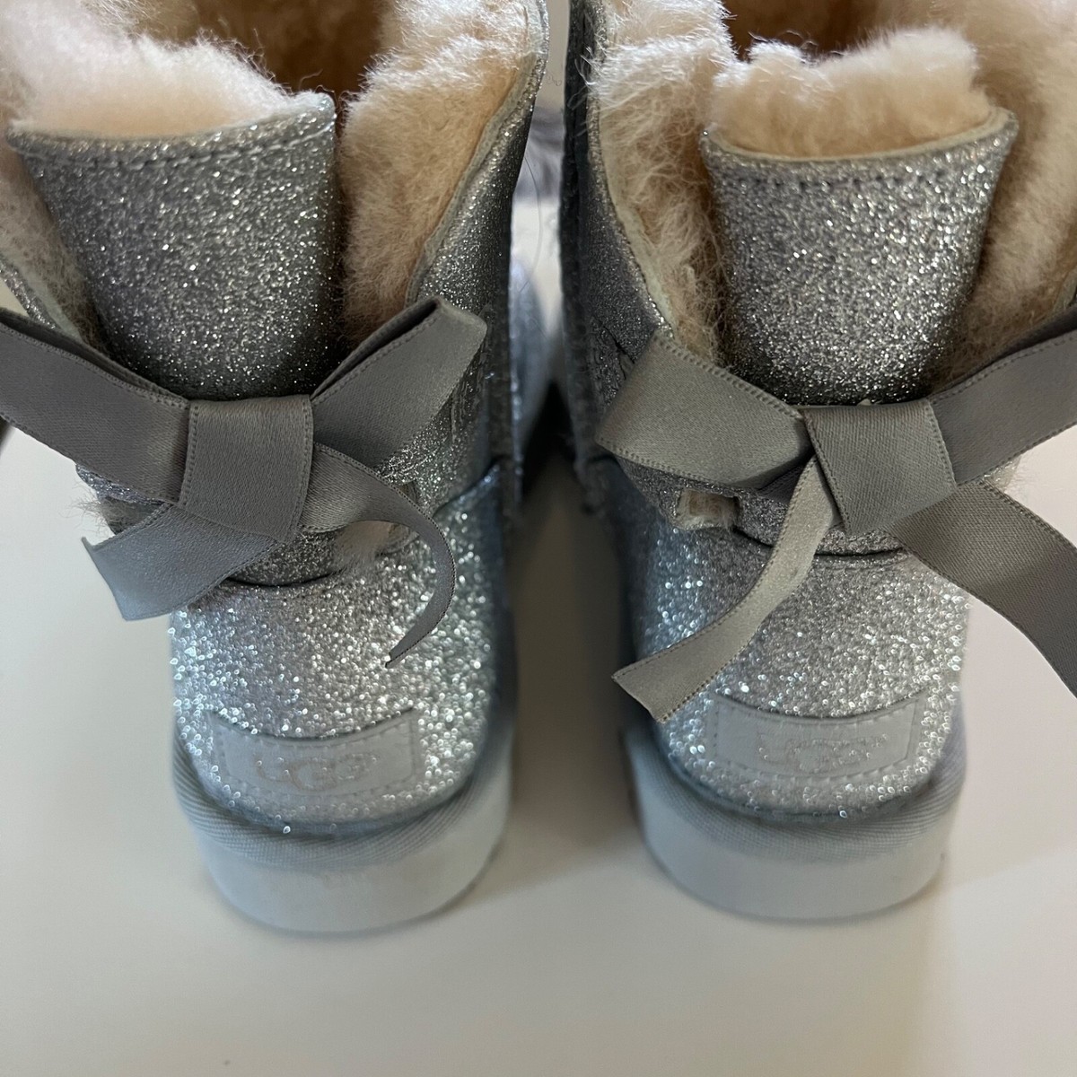 UGG Mini Bailey Bow Silver Sparkle Glitter Boots Women's Size 6
