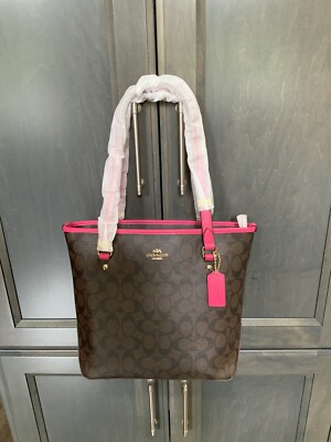 Women's COACH Signature Zip Top Tote Handbag. F34603. IM/Brown