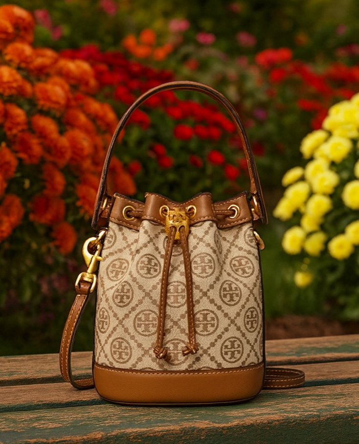 NEW Tory Burch T Monogram Jacquard Hazelnut Tan Brown MINI Bucket
