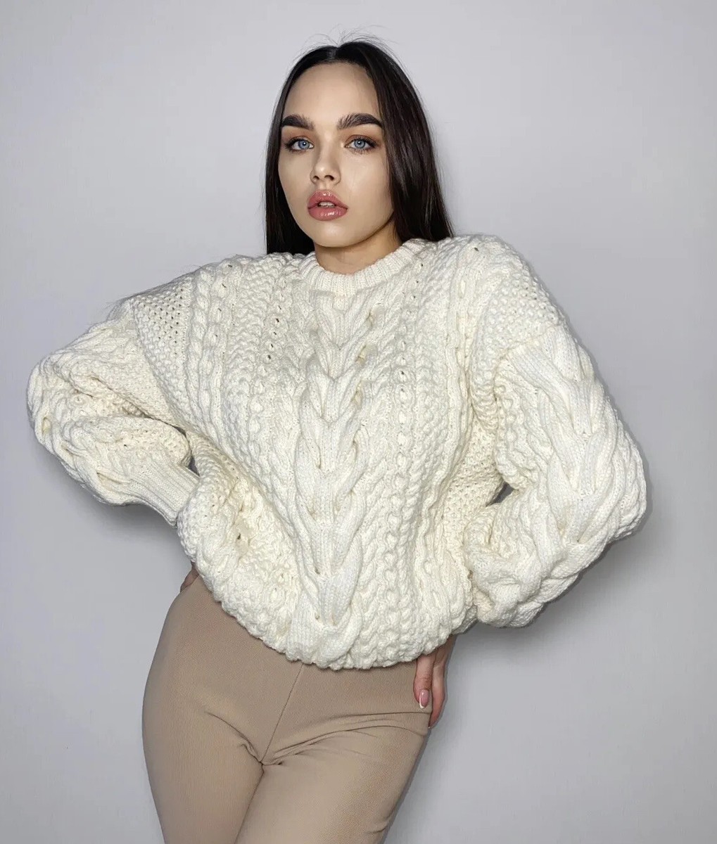 White Hand knit sweater women Chunky Knit jumper half sleeve Cable