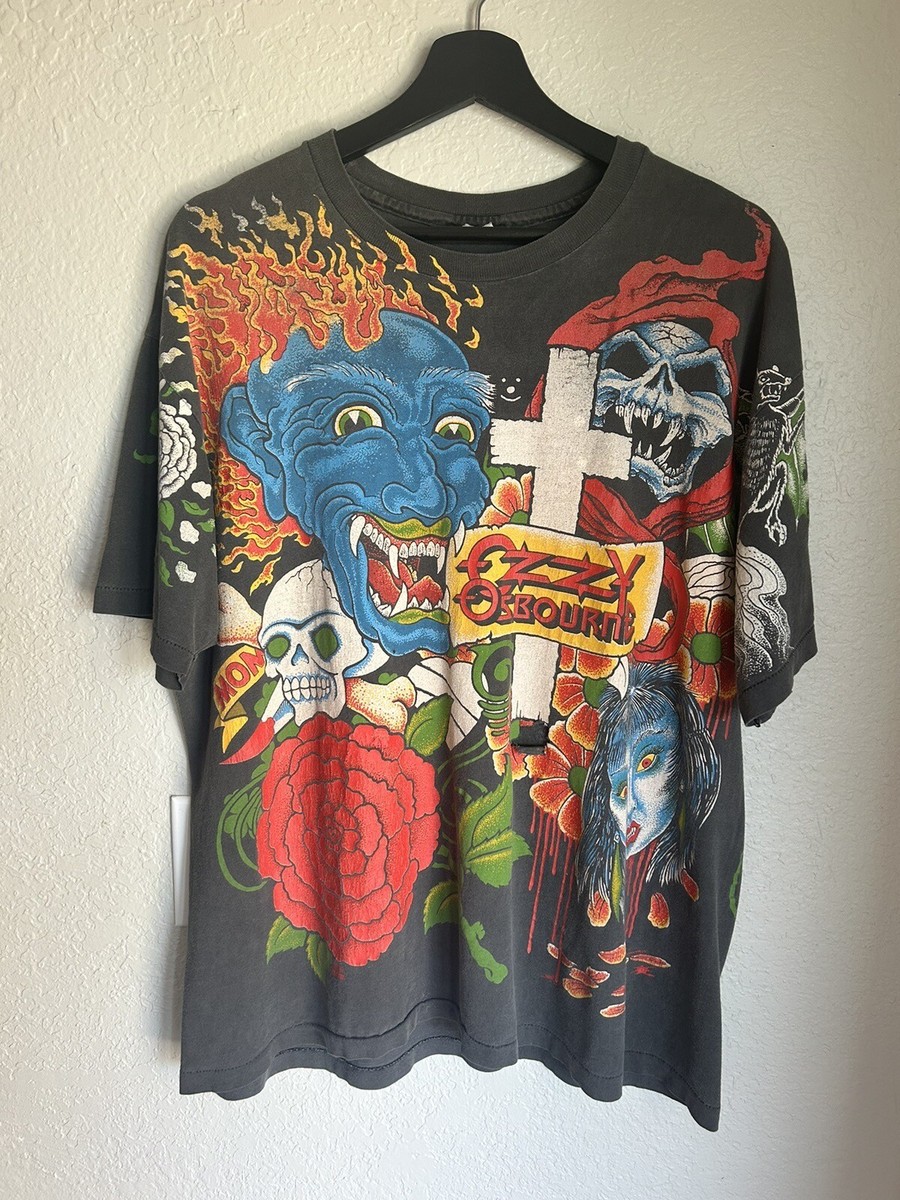 Ozzy Ozbourne 1992 Vintage All Over Print Tattoo Band T-Shirt Size
