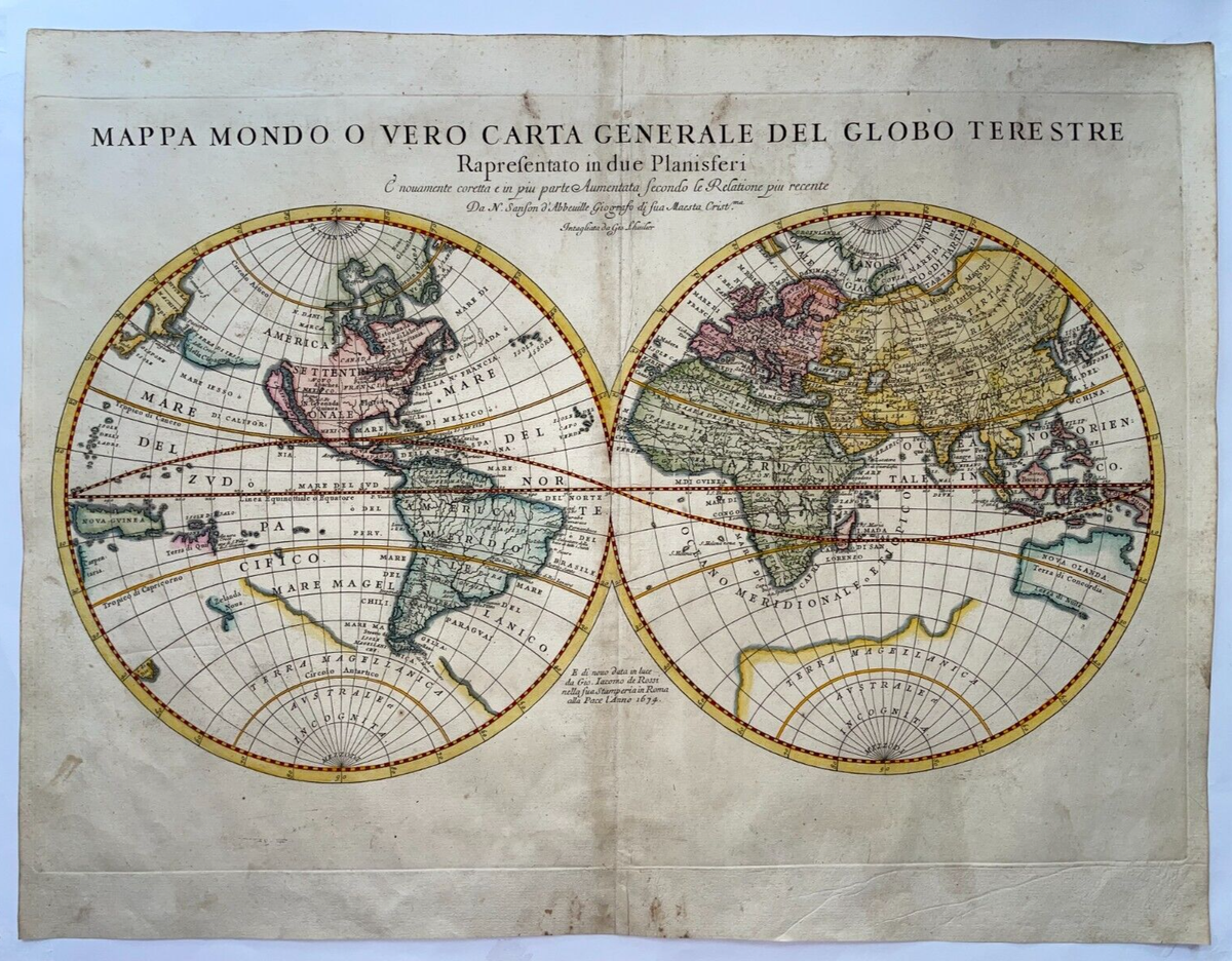 WORLD MAP CALIFORNIA AS AN ISLAND 1674 GIACOMO DE ROSSI LARGE