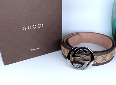 Men's Gucci Silver Tone Double G Interlocking Brown Leather Belt