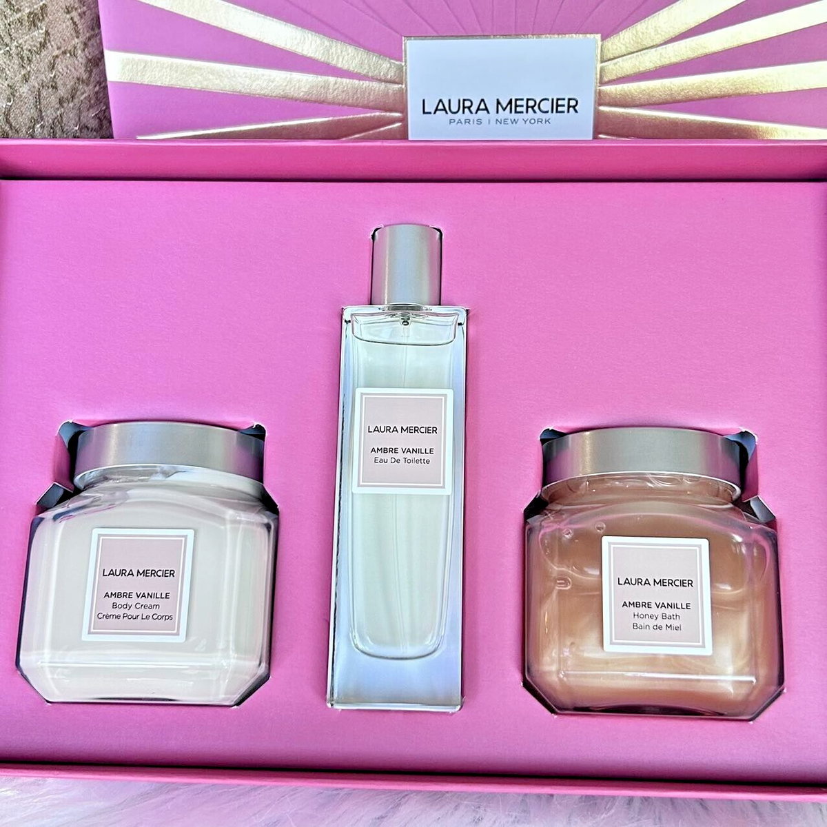 New 3PC Laura Mercier AMBRE Vanille perfume/Body Cream/Honey Bath