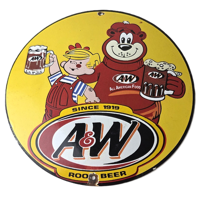 Vintage Root Beer Sign - A&W Soda Dennis Menace Bear Advertising