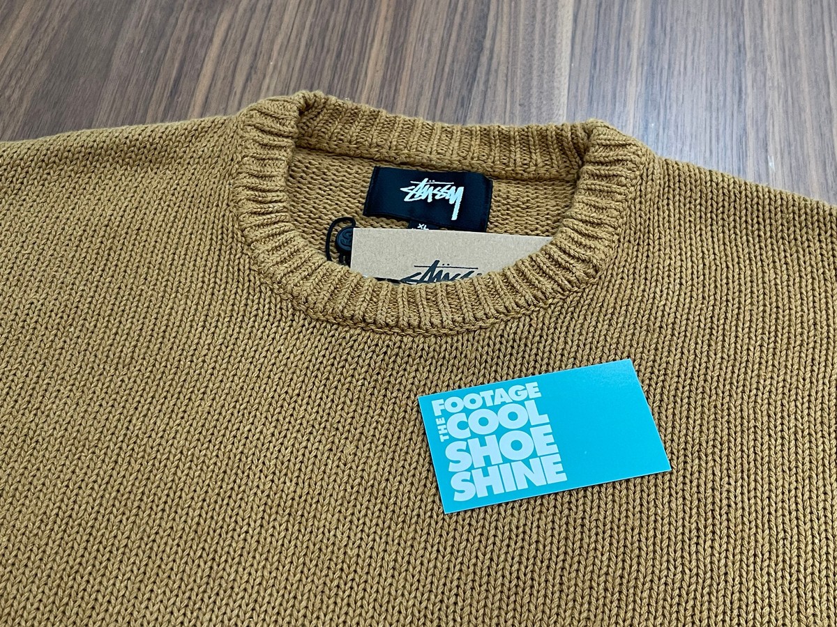 STUSSY SURFMAN ICON COTTON LINEN CREWNECK WOVEN KNIT SWEATER BROWN