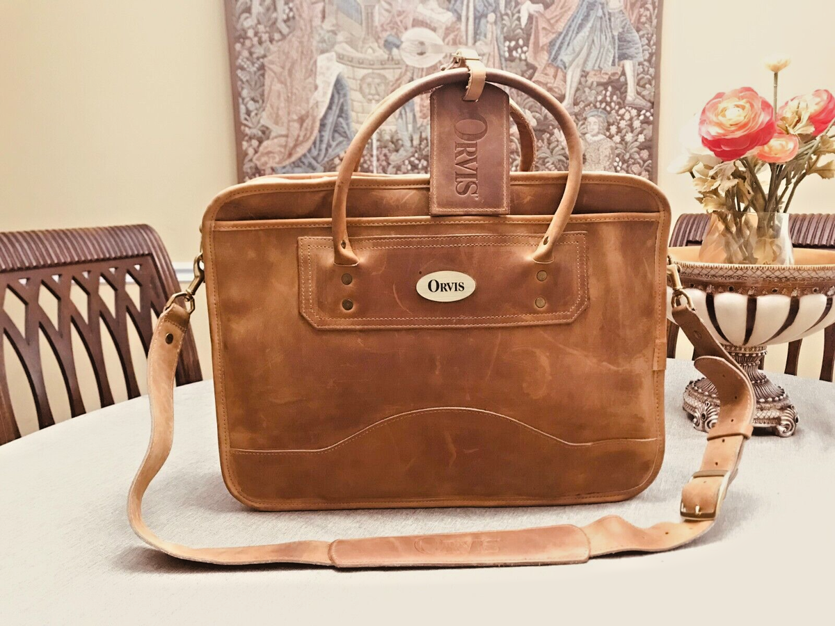 ORVIS Rustic Tan Heavy Saddle Leather Briefcase / Messenger Bag