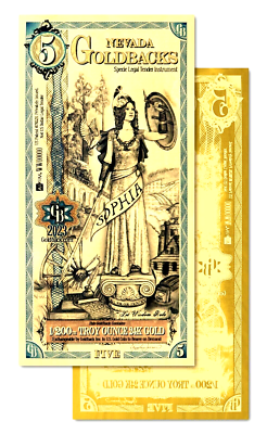5 NEVADA GOLDBACK AURUM 24KT GOLD FOIL NOTE BU 1/200TH OZ .999