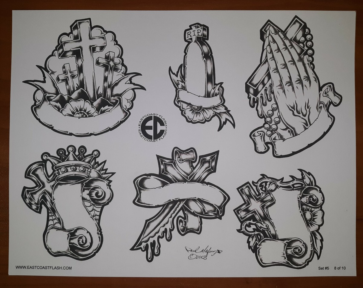 Black And Gray Religious Tattoo Flash 10 Sheets W/ Lines, 11x14