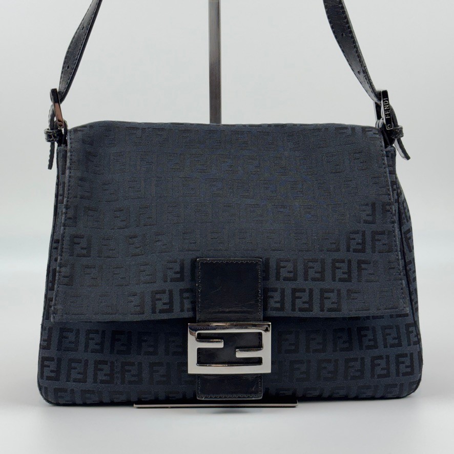 Auth FENDI Mamma Baguette Bag Black Navy Zucchino Canvas Leather