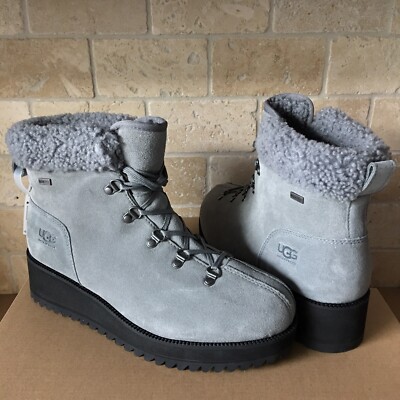 UGG Birch Waterproof Geyser Suede Shearling Wedge Snow Shoes Boots