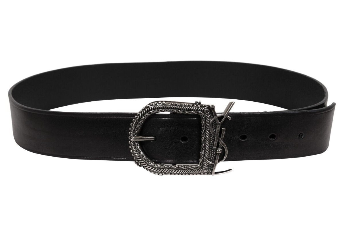 Saint Laurent Men YSL Logo Western Buckle Belt 90 30 31 32 Black