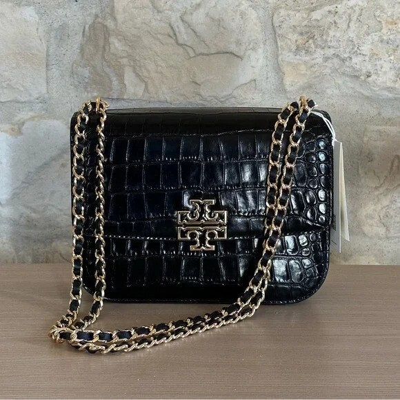 Tory Burch Britten Embossed Small Black Adjustabe Shoulder