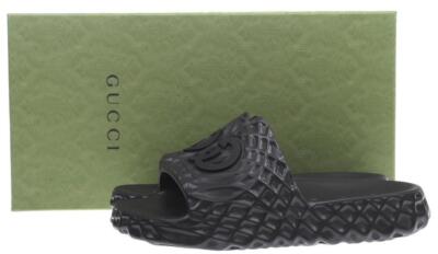 NEW GUCCI MEN CURRENT BLACK RUBBER INTERLOCKING RIPPLES SLIDE