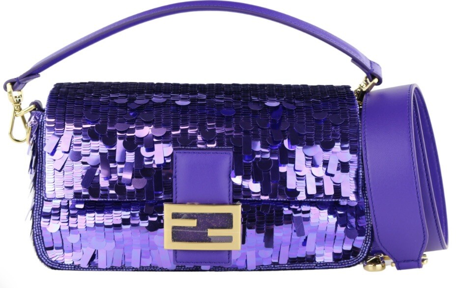 NWT FENDI Purple Sequin Baguette with Crossbody Strap from 2022