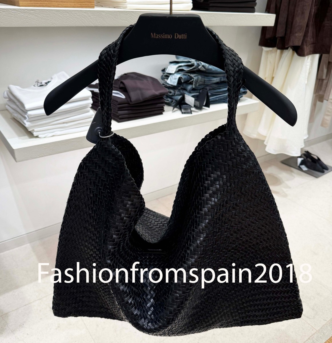 MASSIMO DUTTI NEW WOMAN Nappa leather woven maxi tote bag BLACK