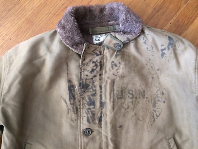 VINTAGE 1940 N1 WWII US USN NAVY GREEN DECK COAT JACKET CONTRACT